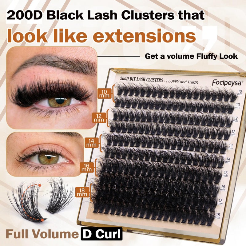 Focipeysa Full Volume Eyelash Clusters DIY Lash Extension 10-18MIX D-Curly Lash Clusters 200D Wispy Individual Lashes Extensions Clusters Eyelashes DIY Lash for Beginners by Focipeysa - Image 3