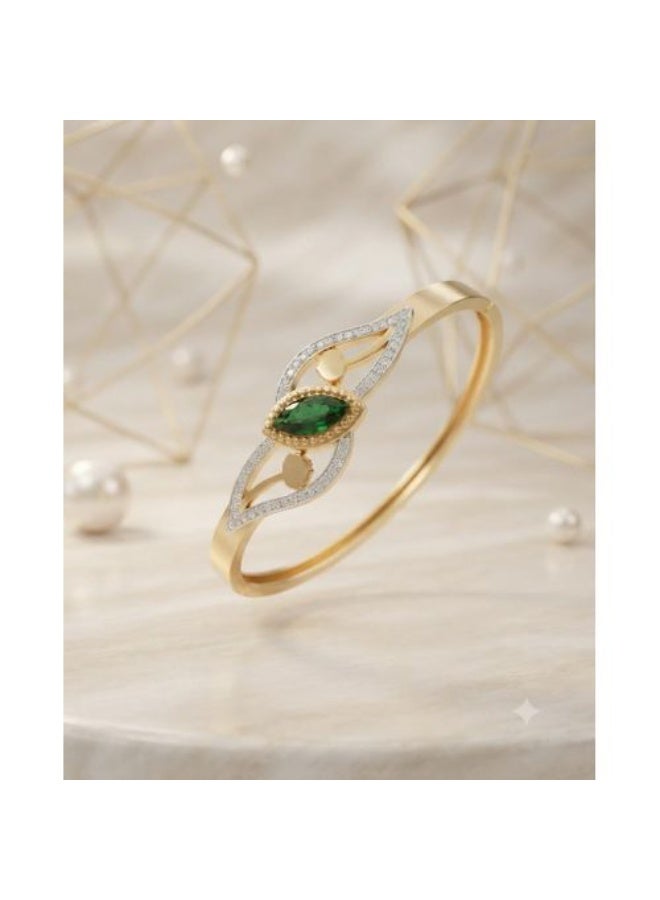Gold Finish Stainless Steel Bangle with Green Marquise Gemstone & Pavé Crystal Accents, Botanical Motif
