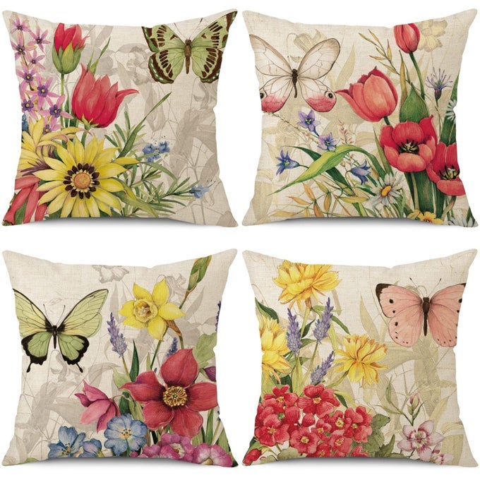 THROW PILLOW COVERS 16X16 SET OF 4 DECORATIVE SPRING PILLOW COVERS LINEN FLOWER BUTTERFLY FARMHOUSE PILLOWCASES FOR SOFA COUCH LIVING ROOM OUTDOOR