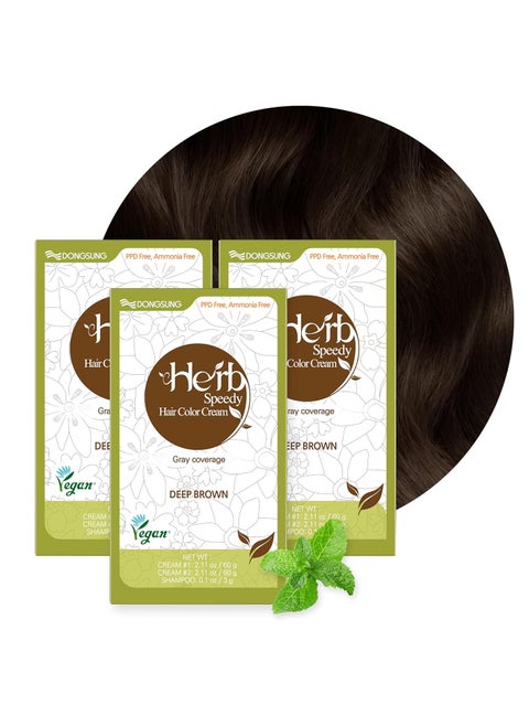 DONGSUNG Herb Speedy Color Cream Deep Brown 3 Pack PPDFree AmmoniaFree Vegan Hair Dye with Sun Protection Odorless Gentle for Sensitive Scalp No Eye or Scalp Irritation