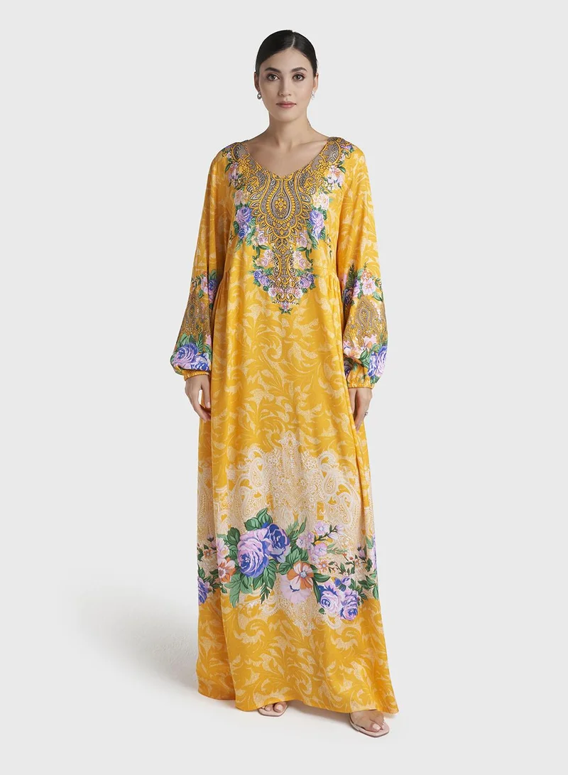 كشخة Mango Floral Print Stone Work Rayon Kuwaiti Jalabiya (VDC81)