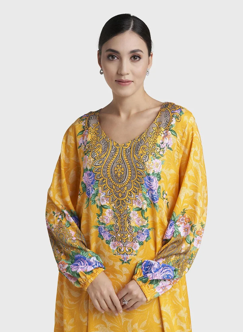 كشخة Mango Floral Print Stone Work Rayon Kuwaiti Jalabiya (VDC81)