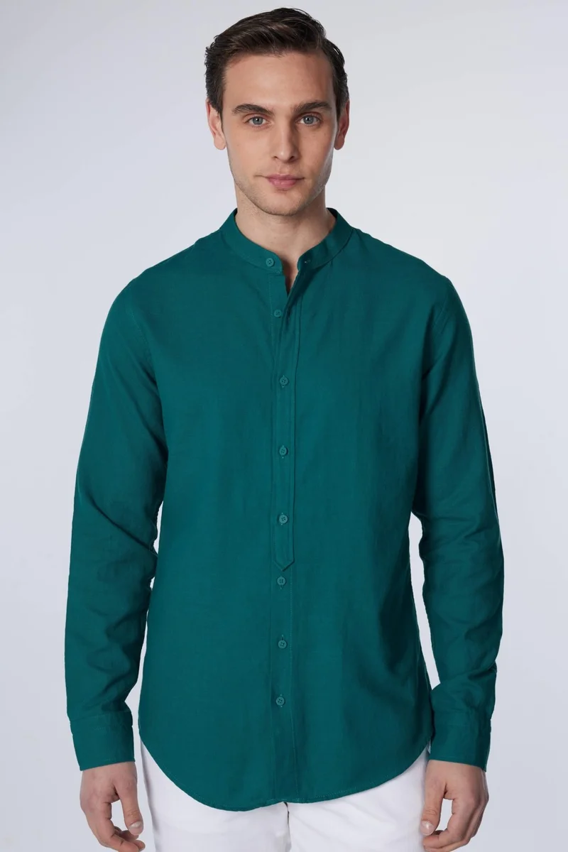 Tudors Slim Fit Long Sleeve Narrow Fit Judge Collar Cotton Plain Linen Texture Summer Green Men's Shirt