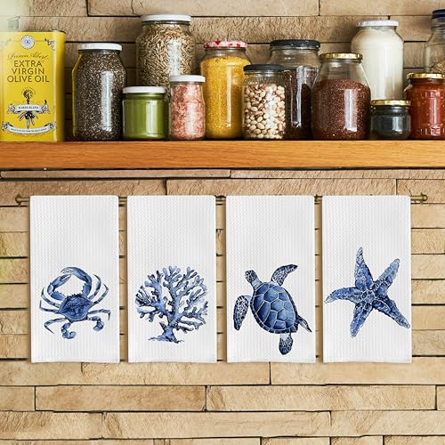 Qpenm Coastal Kitchen Towels - Set of 4 - Decorative Dish and Hand Towels, 16x24 Inches - Watercolor Crab Coral Sea Turtle Starfish Design - Image 2