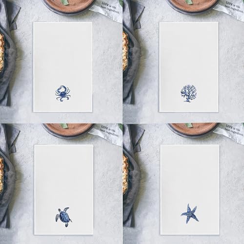 Qpenm Coastal Kitchen Towels - Set of 4 - Decorative Dish and Hand Towels, 16x24 Inches - Watercolor Crab Coral Sea Turtle Starfish Design - Image 4