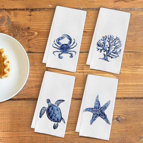 Qpenm Coastal Kitchen Towels - Set of 4 - Decorative Dish and Hand Towels, 16x24 Inches - Watercolor Crab Coral Sea Turtle Starfish Design - Image 3