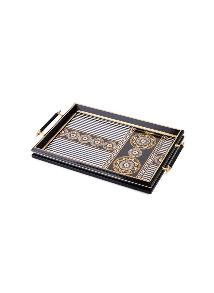 Hic Black Wooden Serving Tray With 3D Design Floor And Black Golden Hand - Image 1