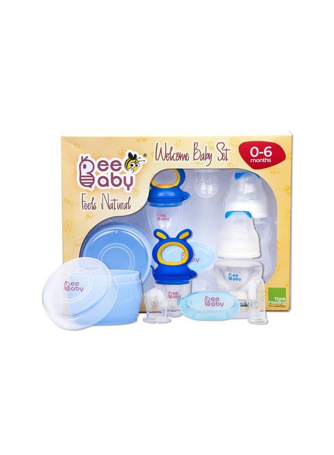 Beebaby Premium Welcome Baby Gift Set For Newborn Infants. Perfect For Birthday Gift Set Or Stater Kit With Powder Puff | Nibbler Fruit Feeder | Finger Brush And Feeding Bottle. (Blue) 0 Months+ - Image 1