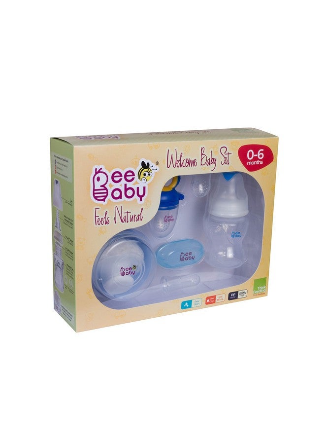 Beebaby Premium Welcome Baby Gift Set For Newborn Infants. Perfect For Birthday Gift Set Or Stater Kit With Powder Puff | Nibbler Fruit Feeder | Finger Brush And Feeding Bottle. (Blue) 0 Months+ - Image 2