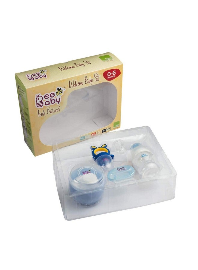 Beebaby Premium Welcome Baby Gift Set For Newborn Infants. Perfect For Birthday Gift Set Or Stater Kit With Powder Puff | Nibbler Fruit Feeder | Finger Brush And Feeding Bottle. (Blue) 0 Months+ - Image 3
