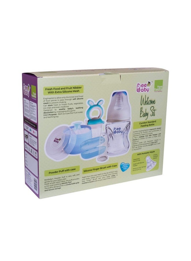 Beebaby Premium Welcome Baby Gift Set For Newborn Infants. Perfect For Birthday Gift Set Or Stater Kit With Powder Puff | Nibbler Fruit Feeder | Finger Brush And Feeding Bottle. (Blue) 0 Months+ - Image 4