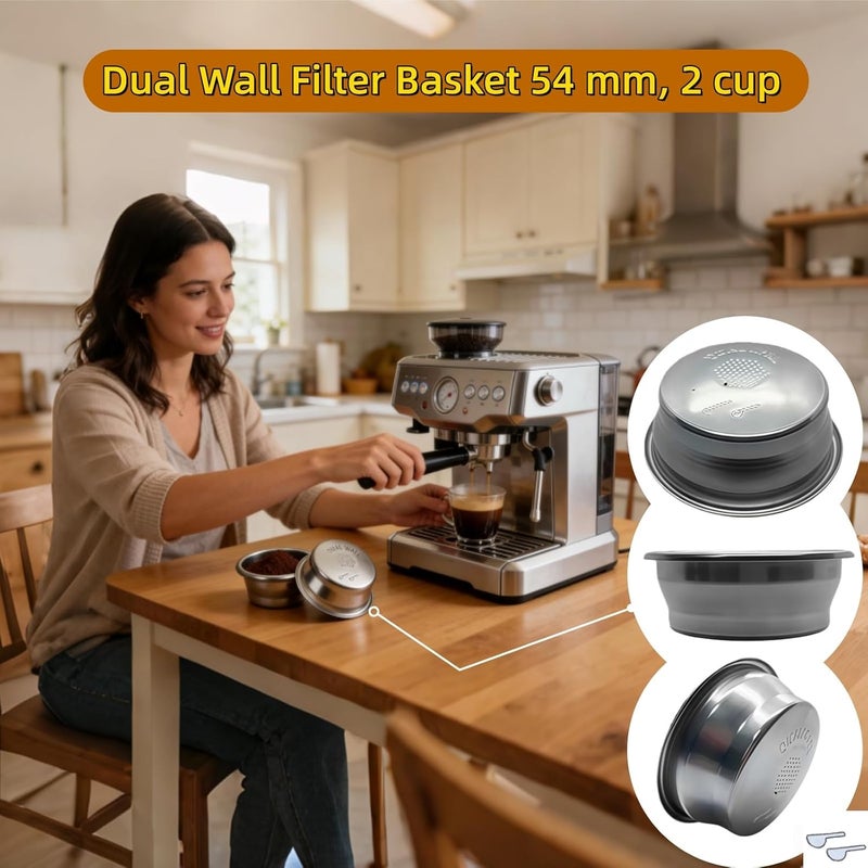 سلة فلتر قهوة مزدوجة الجدران لكوبين، 54 مم سلة فلتر مضغوطة متوافقة مع Breville Barista Series/Bambino Plus/Infuser/BES860XL 8 Series Touch وImpress آلات الإسبريسو - Image 2