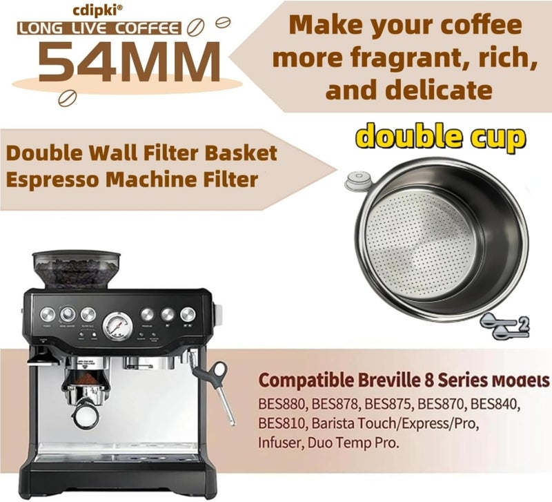 سلة فلتر قهوة مزدوجة الجدران لكوبين، 54 مم سلة فلتر مضغوطة متوافقة مع Breville Barista Series/Bambino Plus/Infuser/BES860XL 8 Series Touch وImpress آلات الإسبريسو - Image 3