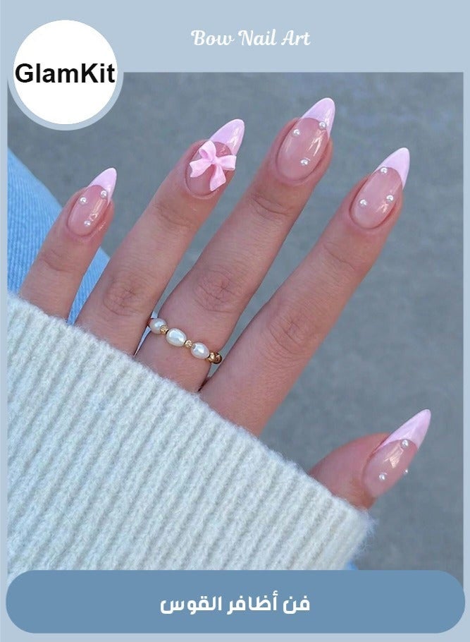GlamKit 24-Pieces Full Cover False French Tip Press on Nails,Medium Fake Nails Almond Glue on Nails Bow Charm Pearl Design Acrylic Nails(Pink) - Image 1