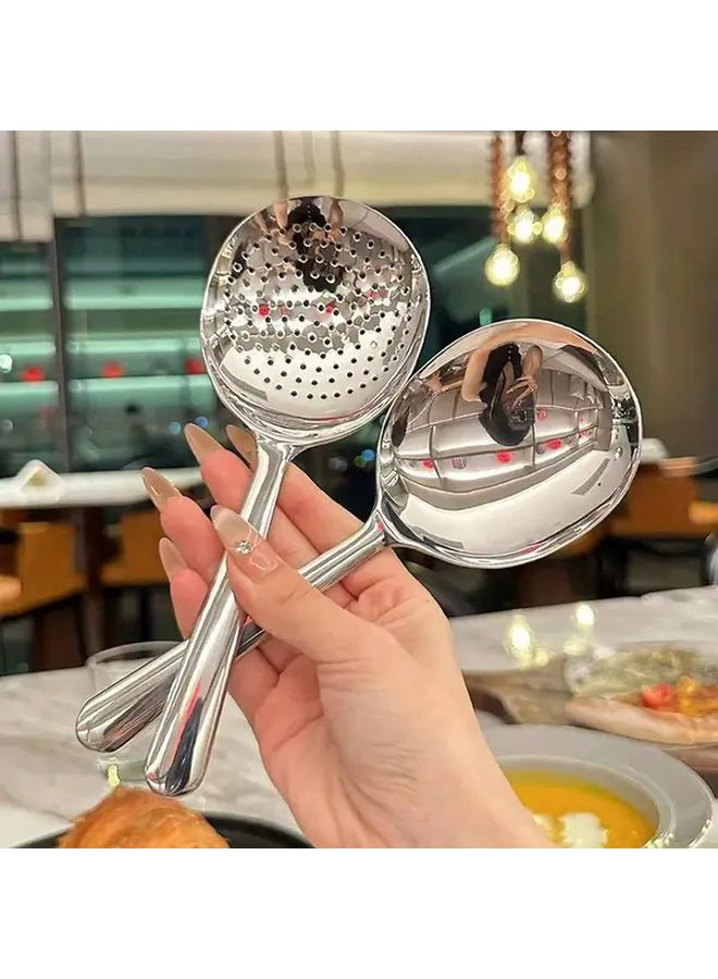 4 Heavy Duty Commercial and Home Kitchen Spoons Large Service Spoons with Heat Resistant Short Handles Drainage Holes Round Spoon and Leaky Spoon Set of 2 Durable Stainless Steel Tableware for Restaurants Catering and Homes - Image 3