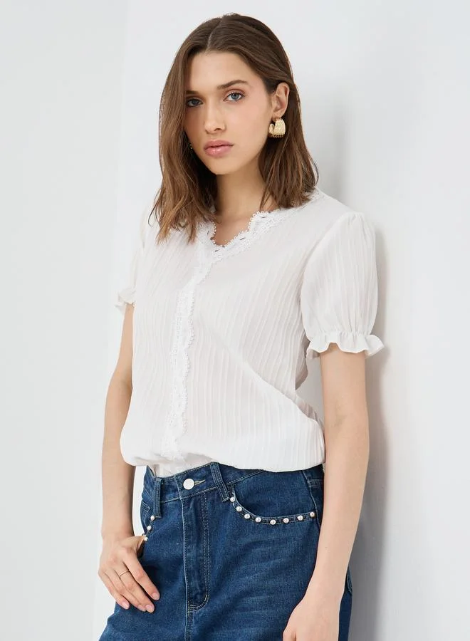 Take Two Styli Textured V Neck Lace Trim Puff Sleeve Top