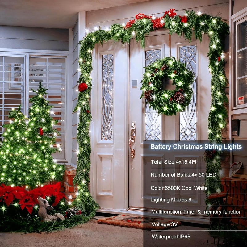 DealBeta 4 Pack Battery Operated Christmas Tree Lights,16.5 Ft String Lights with Auto Timer 8 Modes, 50 LED Wreath String Lights for Indoor Outdoor Xmas Tree Party Decor (Cool White) - Image 2