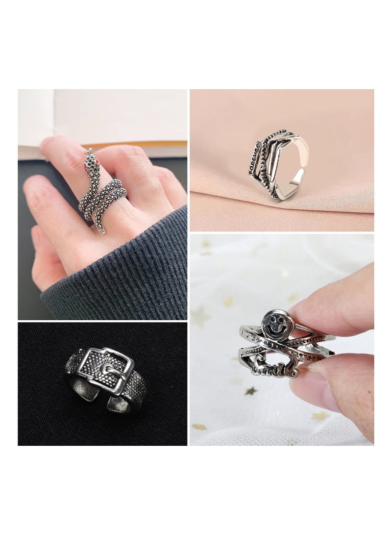 SOLARAE مجموعة خواتم فضية مطلية حيوانات لطيفة مفتوحة عتيقة غوث هيبي متطابقة وأنيقة ثعبان يحتضن وجه محظوظ هدية للأزواج النساء الرجال الفتيات 9 قطع - Image 4