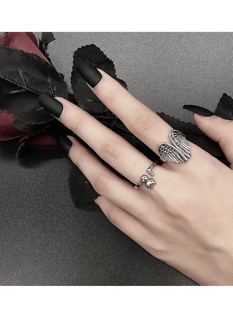 SOLARAE مجموعة خواتم فضية مطلية حيوانات لطيفة مفتوحة عتيقة غوث هيبي متطابقة وأنيقة ثعبان يحتضن وجه محظوظ هدية للأزواج النساء الرجال الفتيات 9 قطع - Image 2