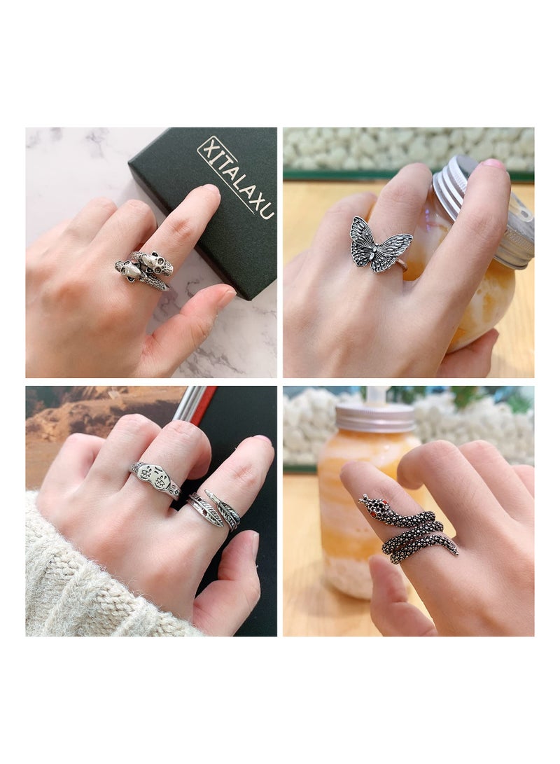 SOLARAE مجموعة خواتم فضية مطلية حيوانات لطيفة مفتوحة عتيقة غوث هيبي متطابقة وأنيقة ثعبان يحتضن وجه محظوظ هدية للأزواج النساء الرجال الفتيات 9 قطع - Image 3