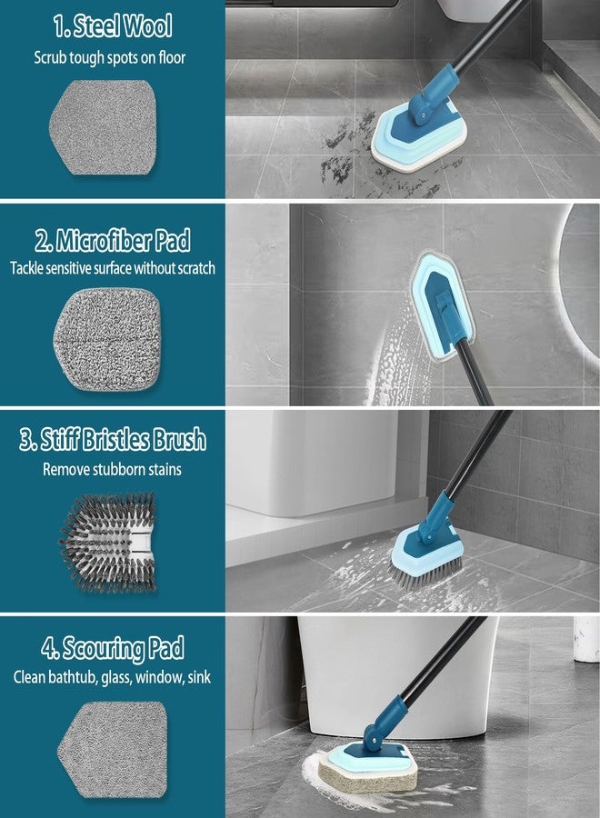 JEHONN Tub Tile Shower Scrubber Brush with Telescopic 51 inches Long Handle, 4 Different Cleaning Heads for Bathroom Bathtub Sink Floor Wall Baseboard (Blue) - Image 2