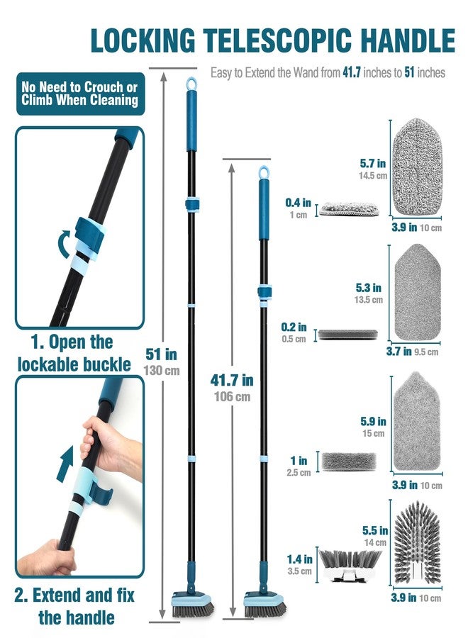 JEHONN Tub Tile Shower Scrubber Brush with Telescopic 51 inches Long Handle, 4 Different Cleaning Heads for Bathroom Bathtub Sink Floor Wall Baseboard (Blue) - Image 3