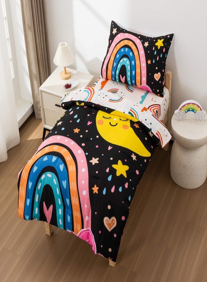 Btargot 4 Pieces Ultra Soft Toddler Bedding Set, Cartoon Love Hearts Flowers and Grass Rainbow Moon Pattern Comforter Sets for Baby Girls Boys, Black - Image 2