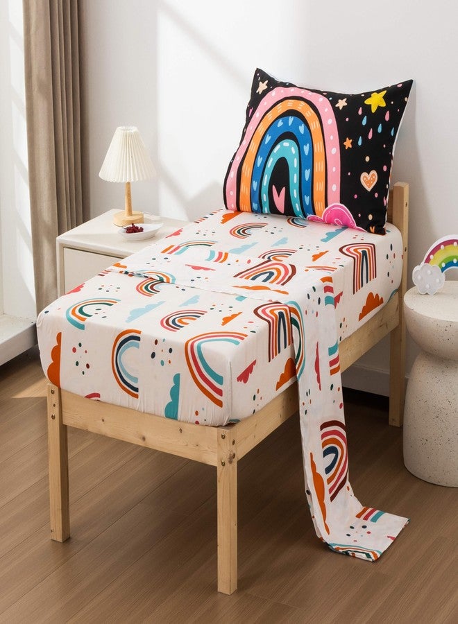 Btargot 4 Pieces Ultra Soft Toddler Bedding Set, Cartoon Love Hearts Flowers and Grass Rainbow Moon Pattern Comforter Sets for Baby Girls Boys, Black - Image 4