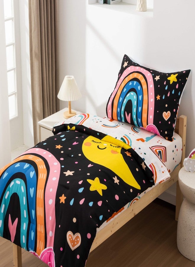 Btargot 4 Pieces Ultra Soft Toddler Bedding Set, Cartoon Love Hearts Flowers and Grass Rainbow Moon Pattern Comforter Sets for Baby Girls Boys, Black - Image 5