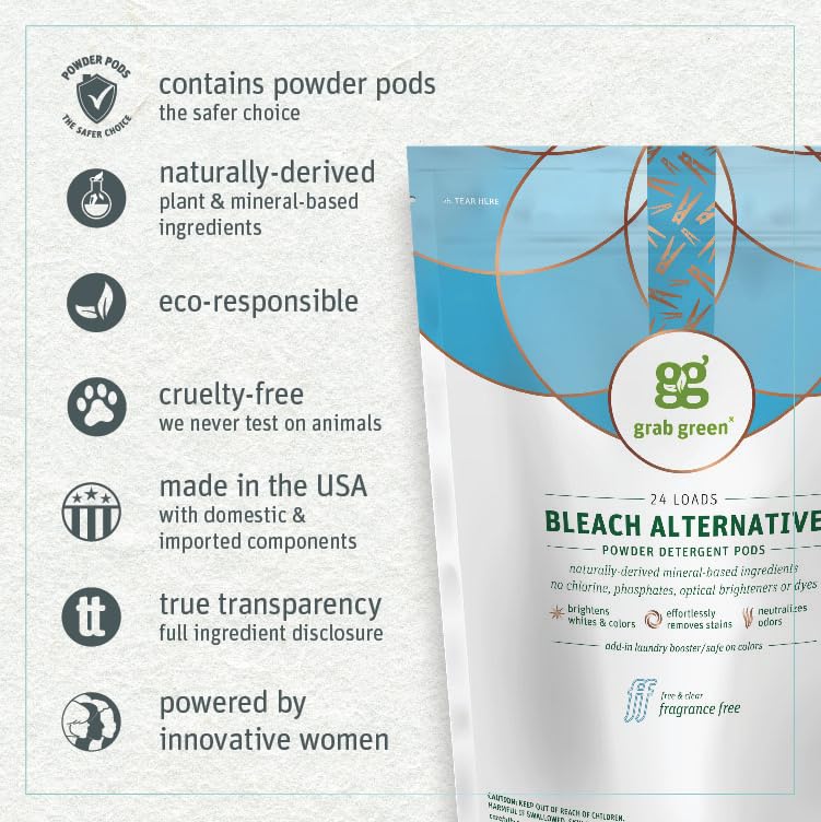 Grab Green Bleach Alternative Pods 24 Count Chlorine Free Fragrance Free Plant and Mineral Based Laundry Booster to Brighten Whites Removes Stains Neutralizes Odors Packaging may vary - Image 5