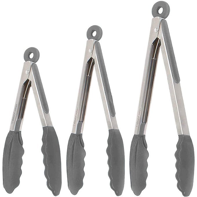 KITCHEN TONGS FOR COOKING WITH SILICONE TIPS HEAT RESISTANT TONGS FOR SERVING FOOD 7INCH 9INCH 12INCH LOCKING SILICONE TONG SET OF 3 SALAD TONG GREY KITCHEN UTENSILS