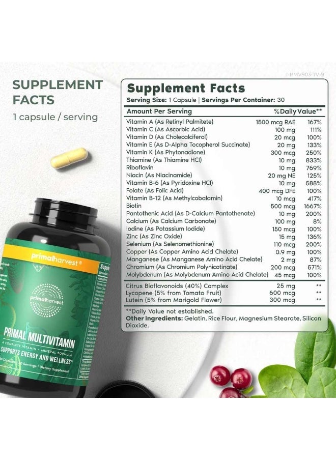 Primal Harvest Multivitamin For Women And Men Vitamin A, Vitamin C, Vitamin D And E, Vitamin B12, B6, Biotin, Zinc Supplements, 30 Capsules  - Image 2