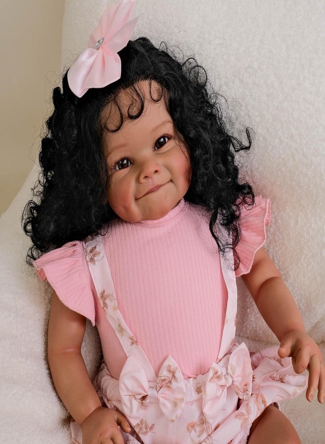 GYCV Reborn Toddler Dolls Black Girl 24 Inch Lifelike Black Reborn Baby Doll with Long Hair Realistic Smile Toddler Dolls Girl Weighted Real Life Reborn Doll Toys with Accessories Gift for Kids - Image 4