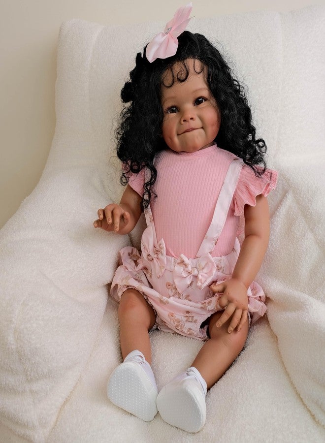 GYCV Reborn Toddler Dolls Black Girl 24 Inch Lifelike Black Reborn Baby Doll with Long Hair Realistic Smile Toddler Dolls Girl Weighted Real Life Reborn Doll Toys with Accessories Gift for Kids - Image 3