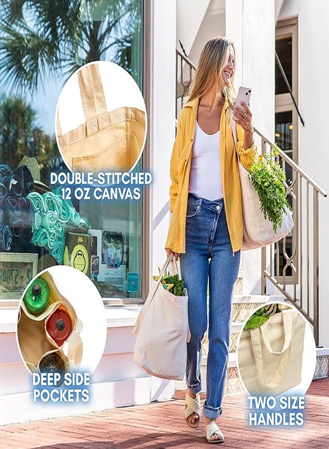 general 3 Pieces Canvas Grocery Bag Set with Real Pockets Long Shoulder Strap and Short Handle Heavy Duty Foldable Washable - Image 3