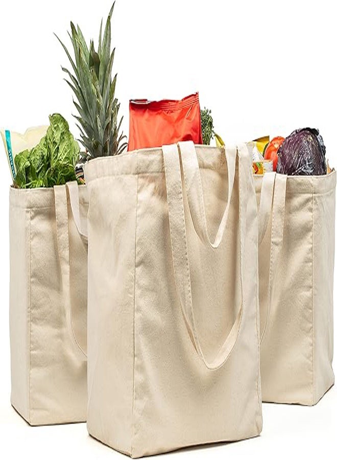 general 3 Pieces Canvas Grocery Bag Set with Real Pockets Long Shoulder Strap and Short Handle Heavy Duty Foldable Washable - Image 1