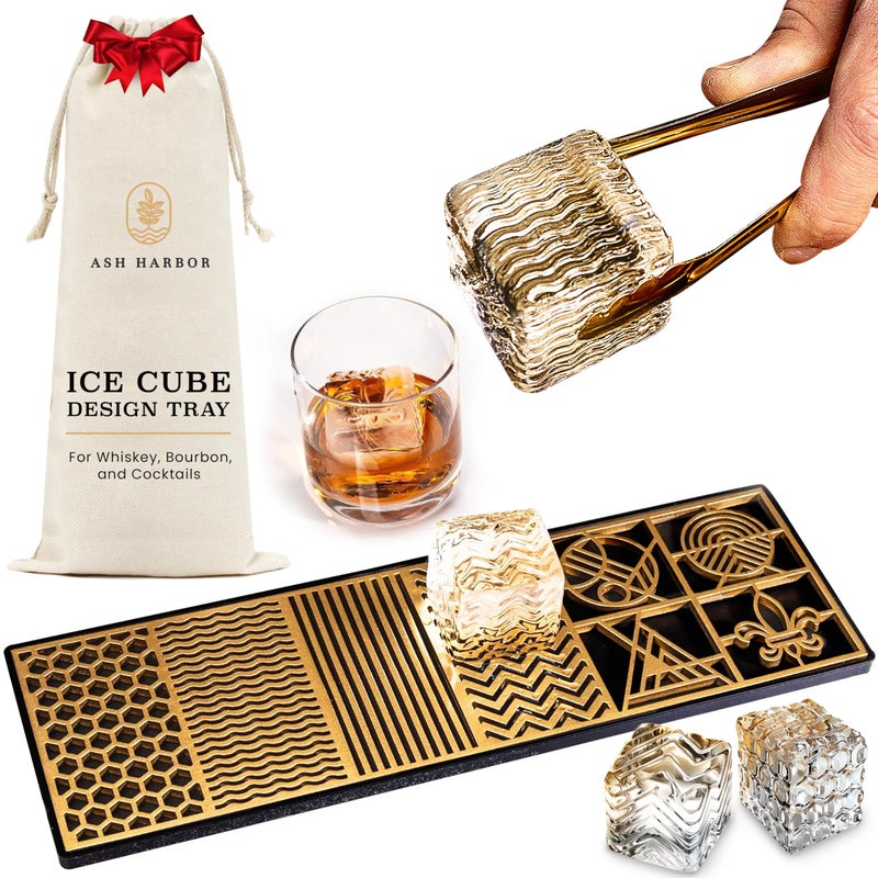 Ash Harbor Clear Ice Cube Maker Design Tray - Craft Modern Ice Molds for Bourbon & Cocktails in 5 Seconds - Whiskey Mold Cube Stamp â€“ Bartender Accessories - Copper Ice Press Cocktails by Ash Harbor (Patterns) - Image 1