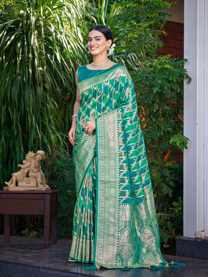 MANOHARI Women's Most Trendy Banarasi Satin Silk Woven Aqua Green Saree With Heavy Jacquard Work Saree With Blouse Piece_MN2044 - Image 2