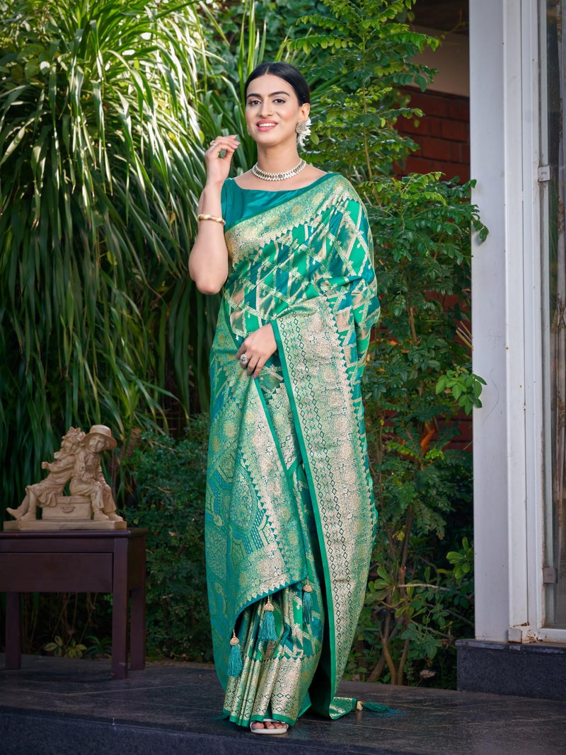 MANOHARI Women's Most Trendy Banarasi Satin Silk Woven Aqua Green Saree With Heavy Jacquard Work Saree With Blouse Piece_MN2044 - Image 5