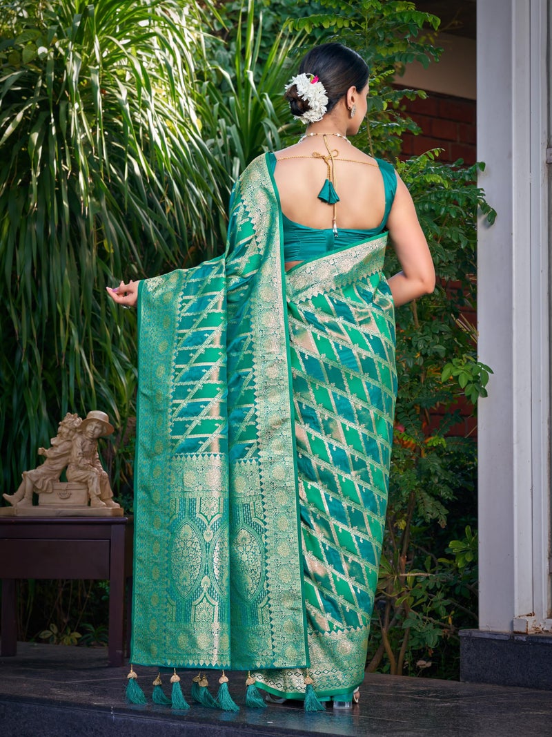 MANOHARI Women's Most Trendy Banarasi Satin Silk Woven Aqua Green Saree With Heavy Jacquard Work Saree With Blouse Piece_MN2044 - Image 3