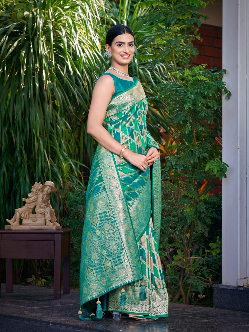 MANOHARI Women's Most Trendy Banarasi Satin Silk Woven Aqua Green Saree With Heavy Jacquard Work Saree With Blouse Piece_MN2044 - Image 4