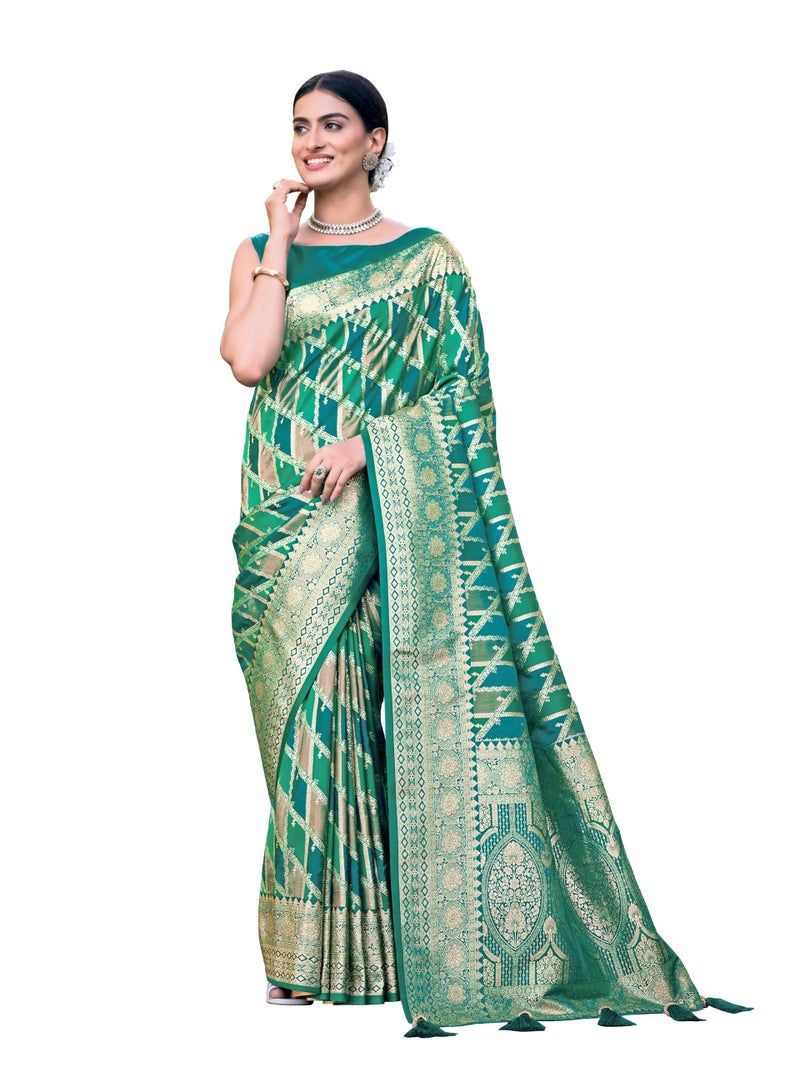 MANOHARI Women's Most Trendy Banarasi Satin Silk Woven Aqua Green Saree With Heavy Jacquard Work Saree With Blouse Piece_MN2044 - Image 1