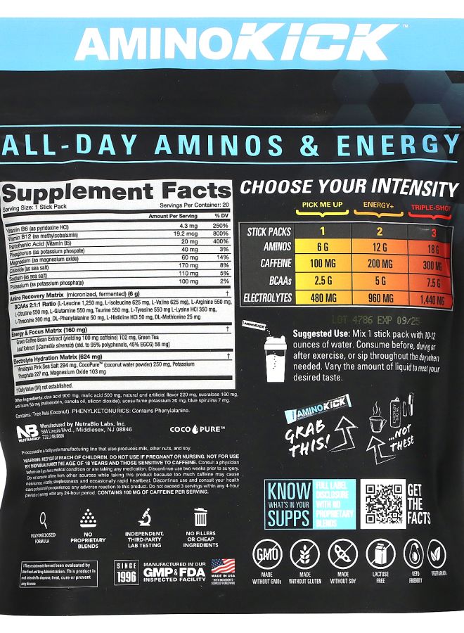 NutraBio Amino Kick Blue Raspberry 20 Stick Packs 0.32 oz (9 g) Each - Image 2