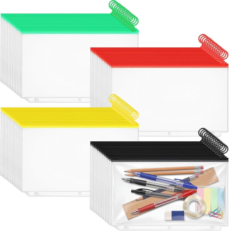 Gilprop 100 Pcs Clear Pencil Pouches for 3 Rings Binder Multi Color Pencil Case with Zipper Binder Pockets Folders Waterproof PVC Loose Leaf Bags Filling Bags for Pen Notebooks File Document - Image 1