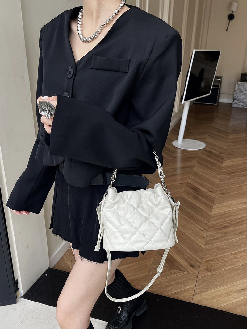 Texture Genuine Leather Rhombic Crossbody Bucket Bag High-End All-Match Portable Small Chain Shoulder Bag For Women - Image 5