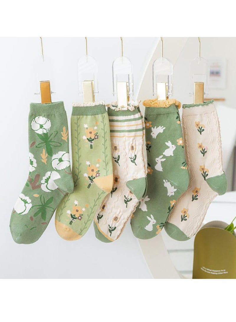 Women's Cottagecore Floral Crew Socks: 5 Pairs Kawaii Preppy Lace Ankle Socks, Cute Coquette Casual Socks for Everyday Wear