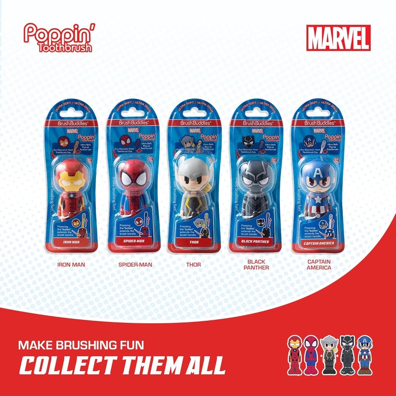 براش باديز فرشاة أسنان Marvel Black Panther للأطفال، شعيرات ناعمة ومستديرة، غطاء مميز على شكل بطل خارق، مقبض سهل الإمساك، تنظيف لطيف للأطفال الصغار والأطفال من عمر 2 سنة فما فوق، مناسبة للسفر، رعاية فموية صحية. - Image 3