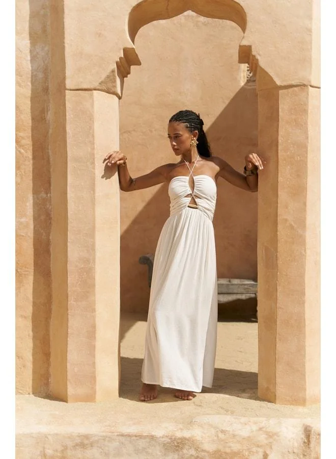 Burnika Beaded Detail Ecru Linen Dress