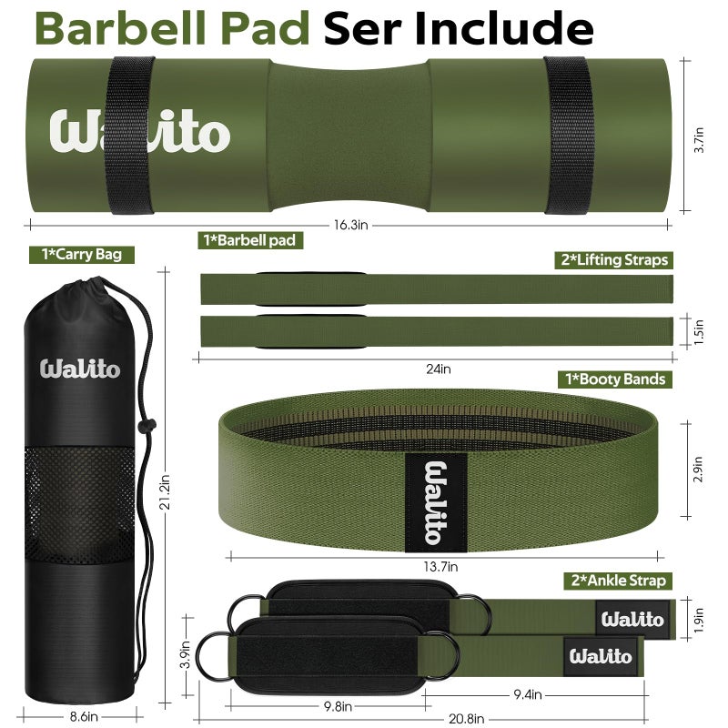 WALITO 7Pcs Barbell Pad Set for Hip Thrust - Squat Pad,Gym Accessories for Women with Bar Bad,Bench Press, with Gym Ankle Straps,Resistance Bands for Working Out,Lifting Strap,Carry Bag - Image 2