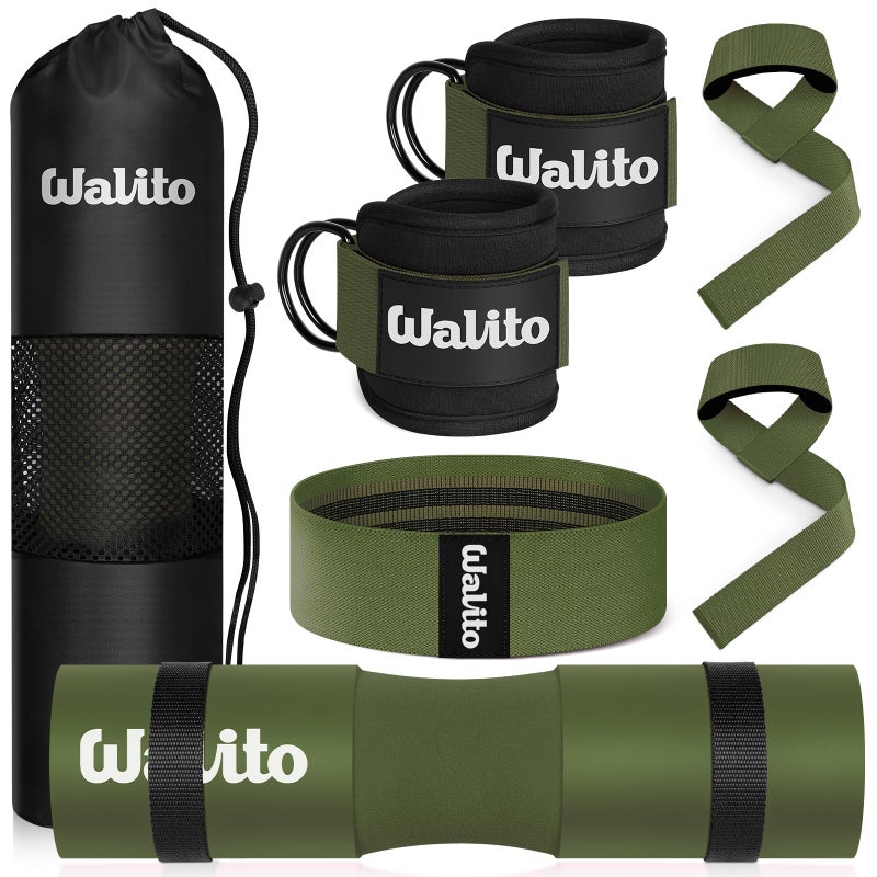 WALITO 7Pcs Barbell Pad Set for Hip Thrust - Squat Pad,Gym Accessories for Women with Bar Bad,Bench Press, with Gym Ankle Straps,Resistance Bands for Working Out,Lifting Strap,Carry Bag - Image 1